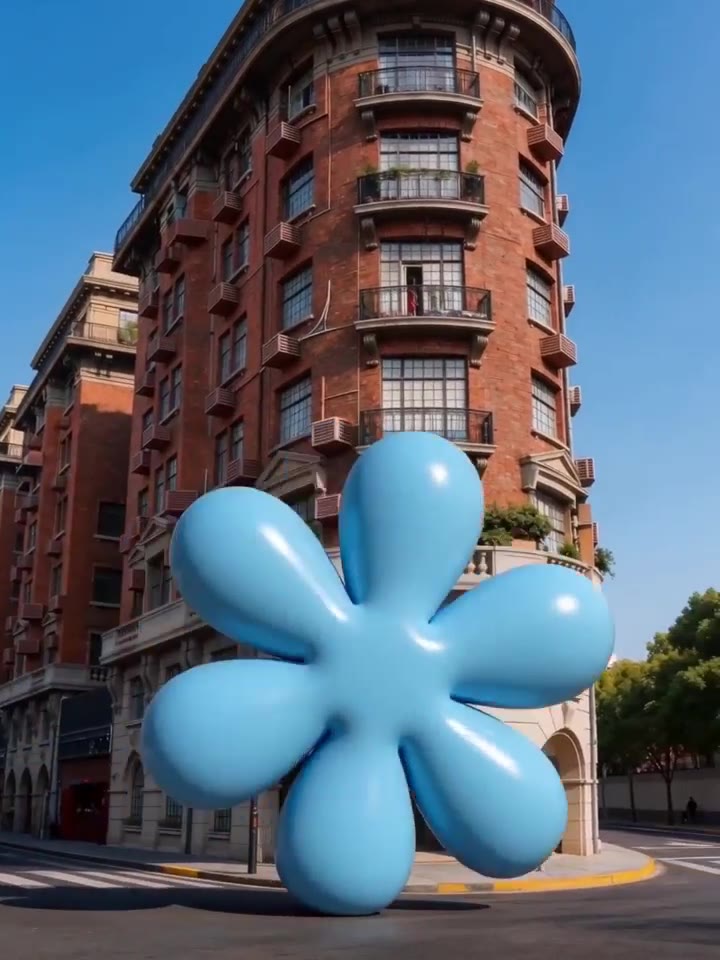 Blue flower sculpture in a city street