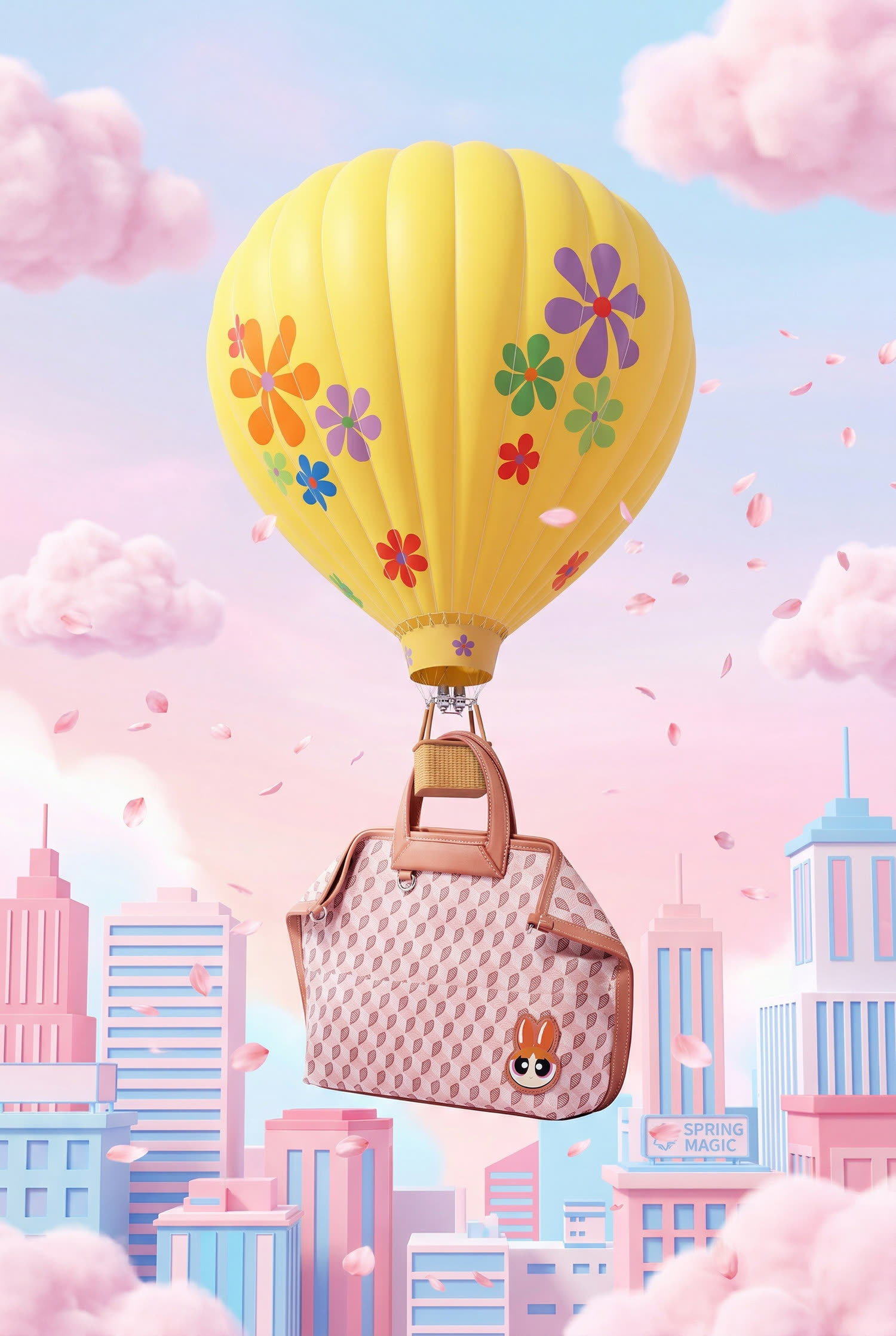 Pink DISSONA bag suspended beneath a flower balloon