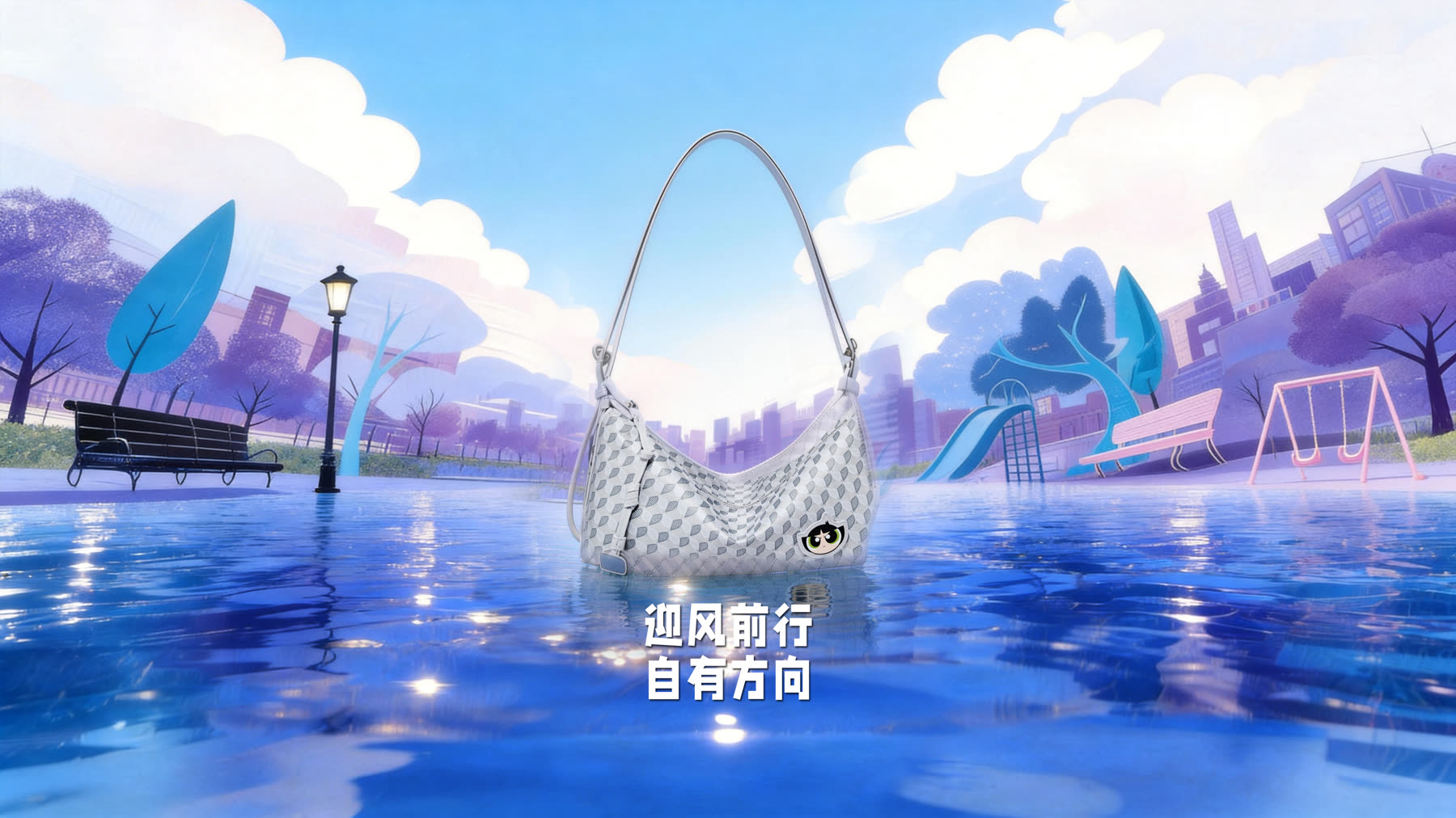 White DISSONA bag in a blue illustrated park