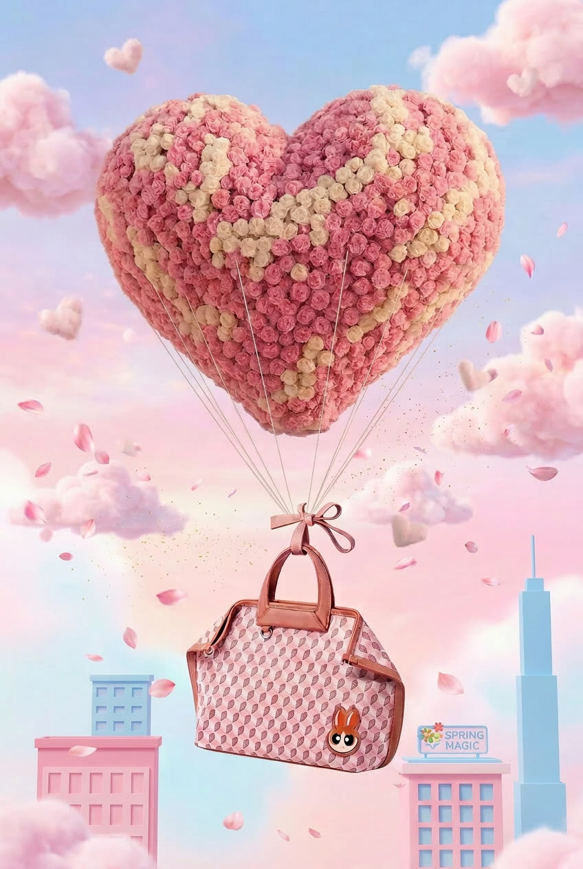 Pink DISSONA bag floating beneath a heart balloon