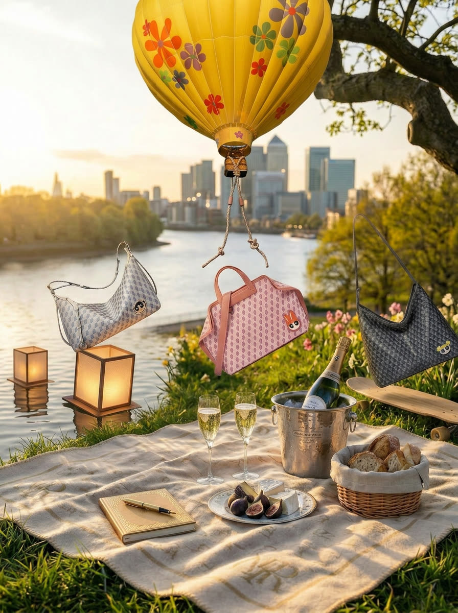 DISSONA bags floating over a riverside picnic
