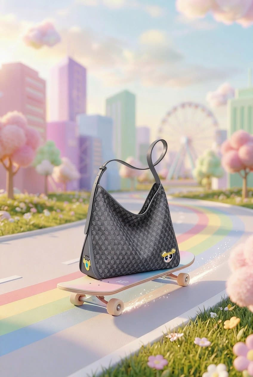 Black DISSONA bag riding a skateboard through a pastel city